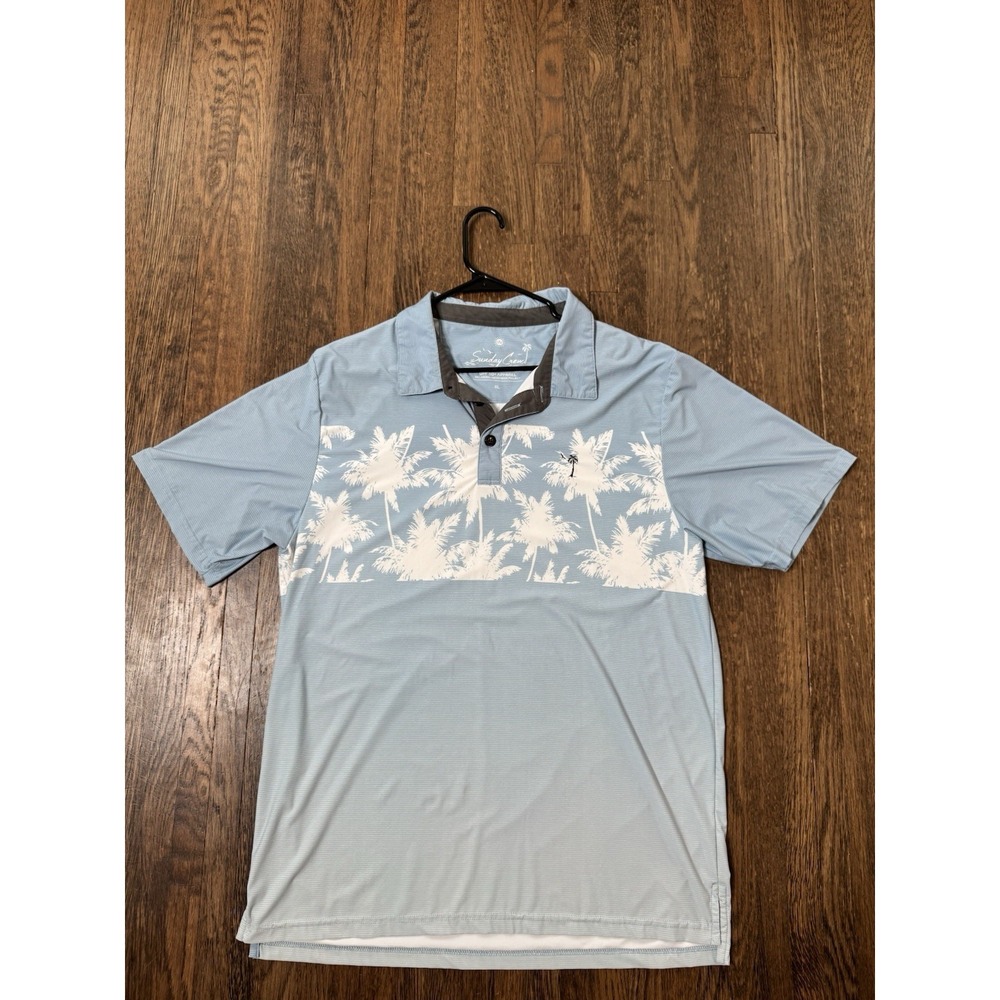 Sunday Crew Mens XL Sun Down Performance Polo Shirt Blue White Palm UPF 50 Golf
